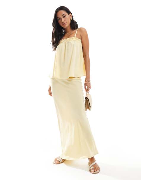 ASOS DESIGN – Cięta ze skosu spódnica maxi z wycięciem, z mieszanki lnianej w kolorze maślanym - view 1