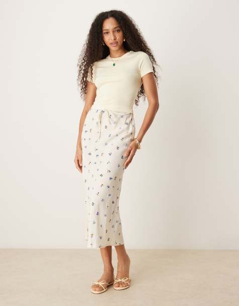 ASOS DESIGN linen blend bias midi skirt in floral print