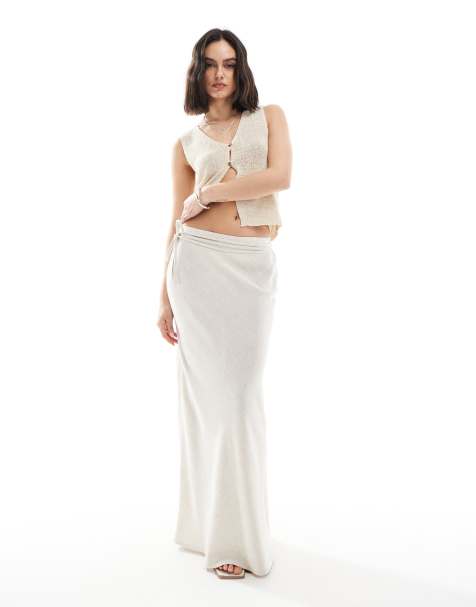 ASOS DESIGN – Cięta ze skosu szarobeżowa spódnica maxi z mieszanki lnu - view 1