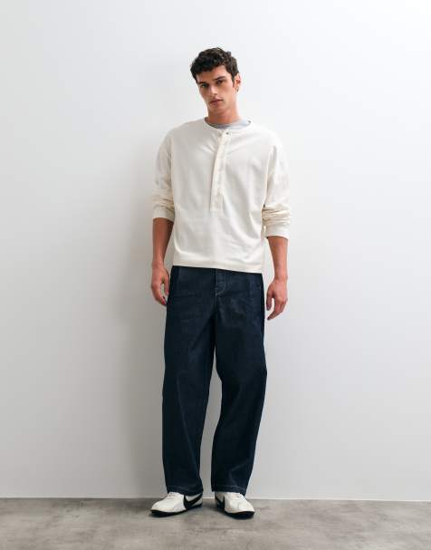 ASOS DESIGN ciężki, pudełkowy, oversize T-shirt z długim rękawem i dekoltem henley w kolorze kremowym - view 1