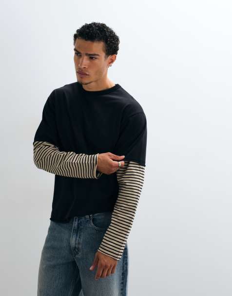 ASOS DESIGN ciężki T-shirt o luźnym kroju z podwójnymi rękawami w paski w kolorze czarnym - view 1