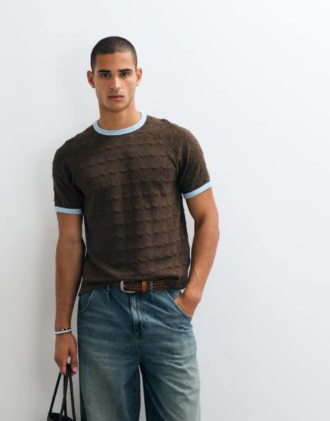 ASOS DESIGN ciężki T-shirt regular ringer w brązowej fakturowanej tkaninie - view 1