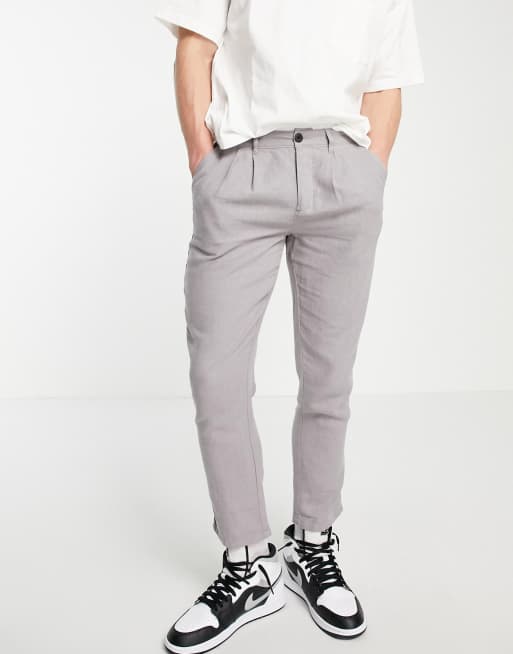 ASOS Design - Cigarette broek met plooien in grijs linnen