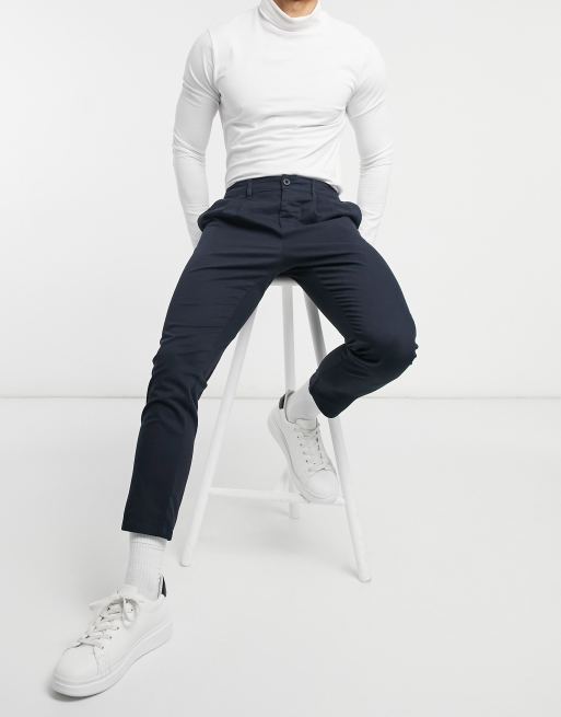 ASOS DESIGN cigarette chinos with pleats in navy