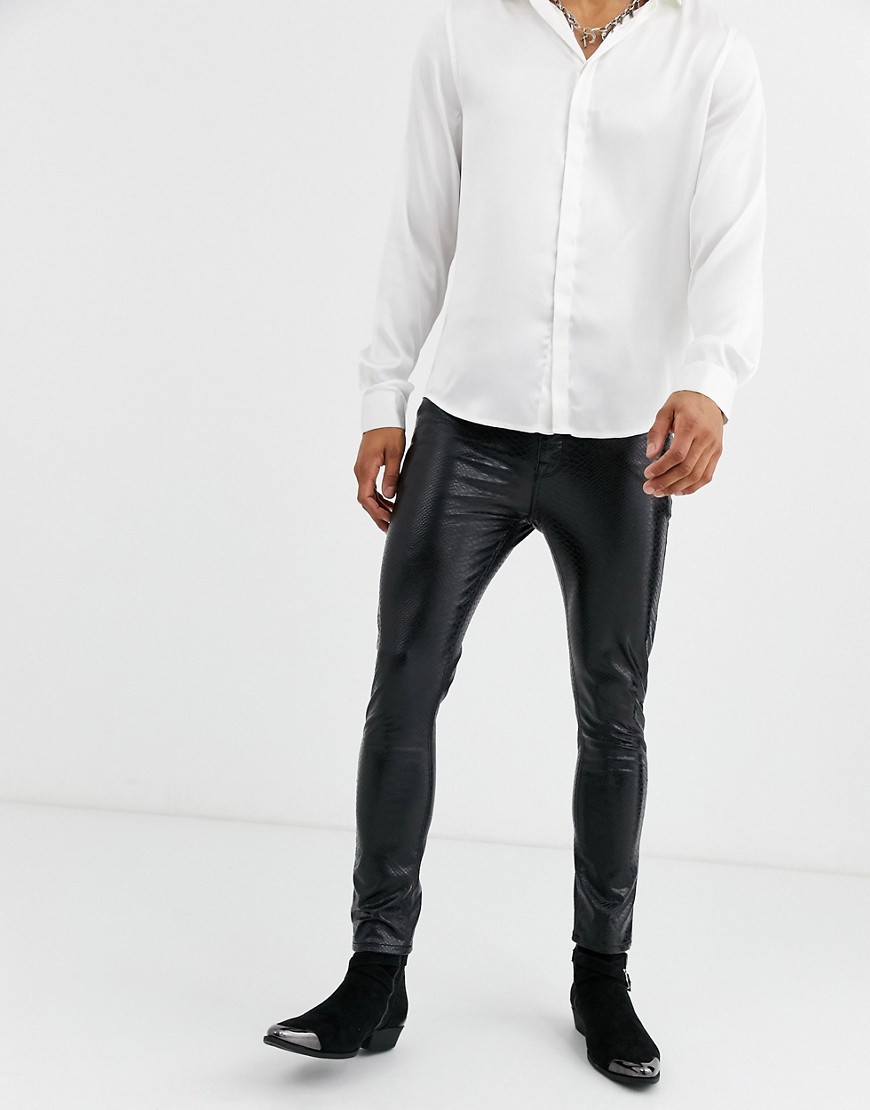 ASOS DESIGN - 'Cigarette' - Skinny jeans met leren coating met zwarte krokodillenprint