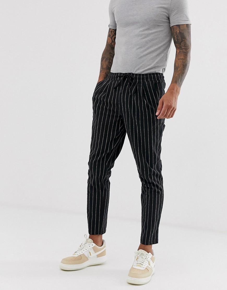 ASOS DESIGN cigarette trousers with elastic waist in textured stripe-Black