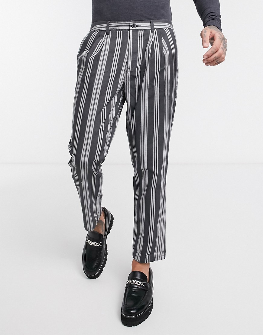 ASOS DESIGN cigarette trousers with pleats in black & white stripe