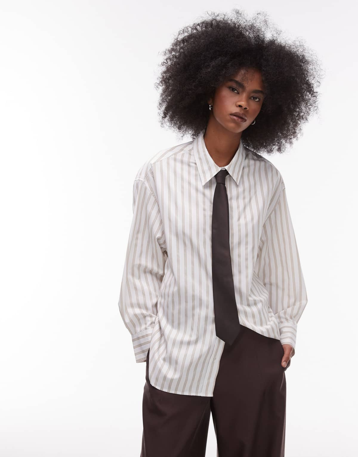 ASOS DESIGN cinch back shirt in beige pinstripe