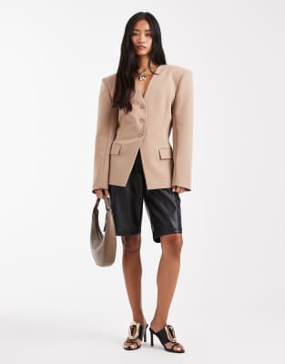 Asos Design Cinch Collarless 3 Button Blazer In Brown
