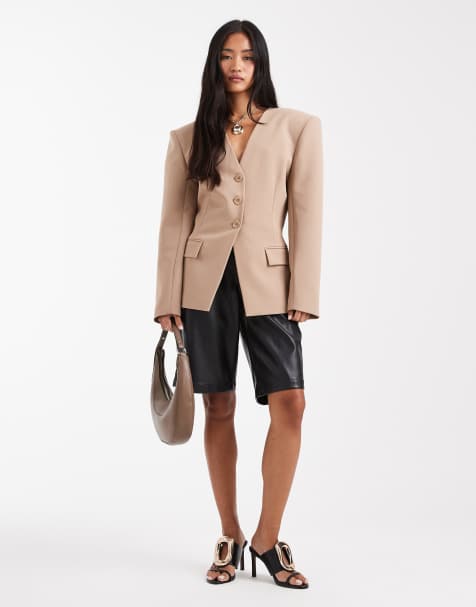 ASOS DESIGN cinch collarless 3 button blazer in neutral - view 1