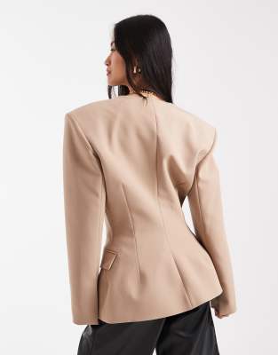 Asos Design Cinch Collarless 3 Button Blazer In Brown