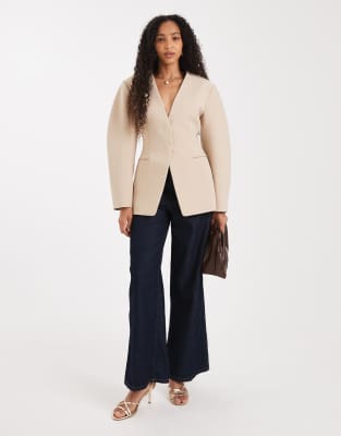 Asos Design Cinch Collarless Blazer In Neutral
