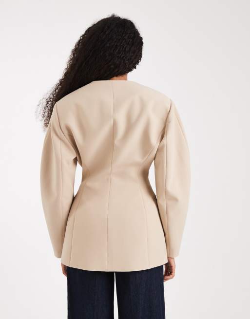 ASOS DESIGN cinch collarless blazer in camel