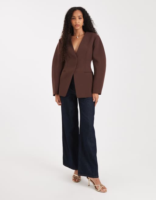 ASOS DESIGN cinch collarless blazer in chocolate