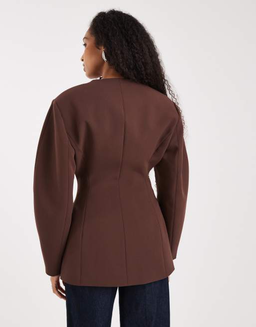ASOS DESIGN cinch collarless blazer in chocolate