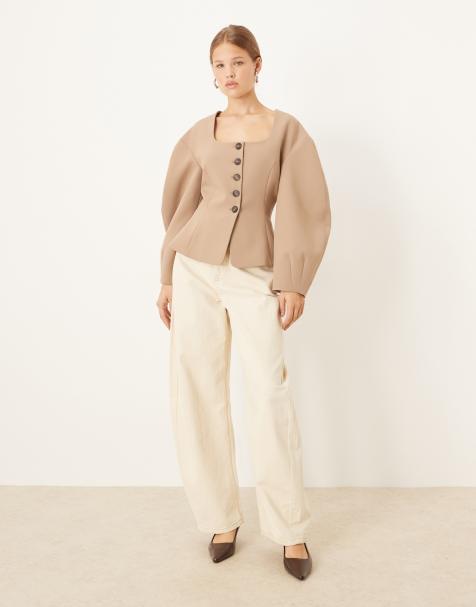 ASOS DESIGN cinch fitted cocoon sleeve blazer in camel - view 1