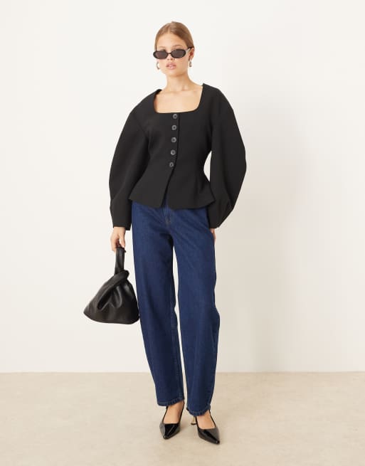 ASOS DESIGN cinch fitted cocoon sleeves blazer in black, 2 of 4