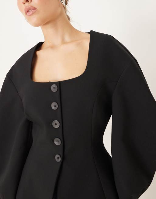 ASOS DESIGN cinch fitted cocoon sleeves blazer in black, 4 of 4