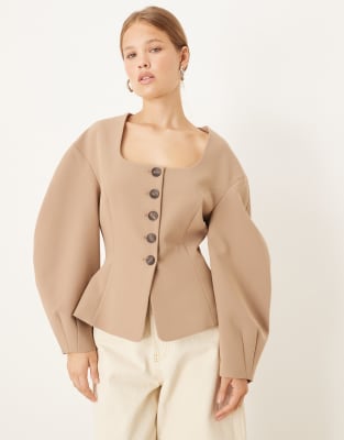 Asos Design Cinch Fitted Cocoon Sleeves Blazer In Neutral