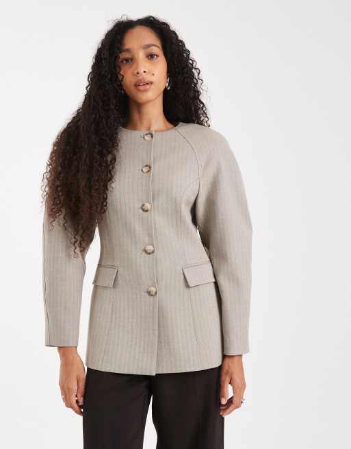 ASOS DESIGN cinch high break point cocoon blazer in brown herringdone, 2 of 4