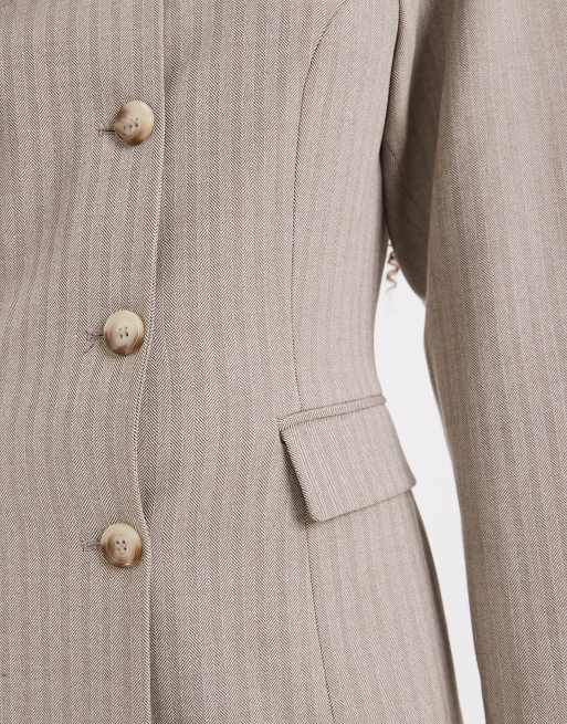 ASOS DESIGN cinch high break point cocoon blazer in brown herringdone, 3 of 4