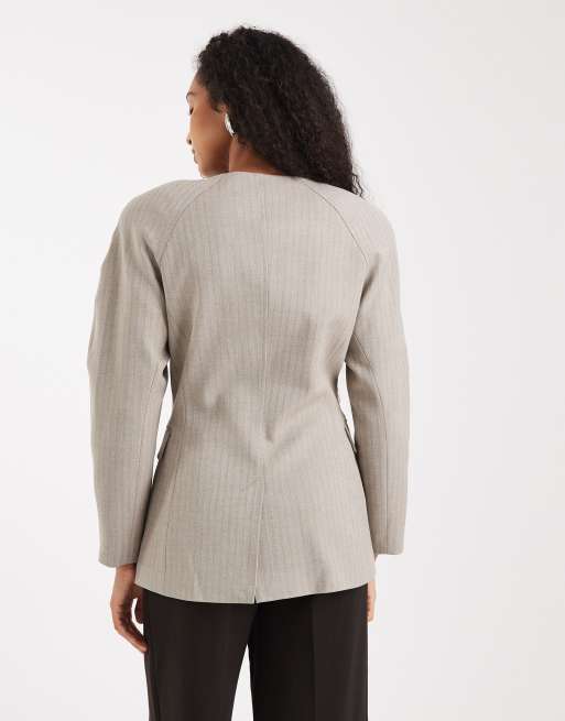 ASOS DESIGN cinch high break point cocoon blazer in brown herringdone, 4 of 4