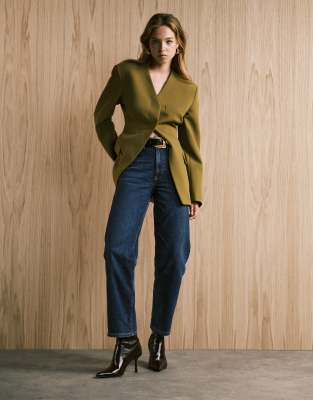 Asos Design Cinch High Break Point Collarless Blazer In Green