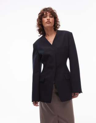 Asos Design Cinch High Break Point Collarless Blazer In Blue
