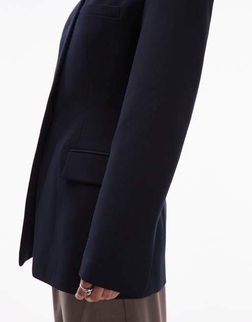 ASOS DESIGN cinch high break point collarless blazer in navy