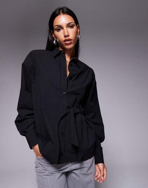 ASOS DESIGN cinch overwrap bow detail oversized shirt in black - view 1