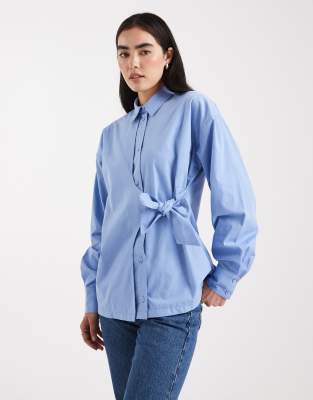 Asos Design Cinch Overwrap Bow Detail Oversized Shirt In Blue