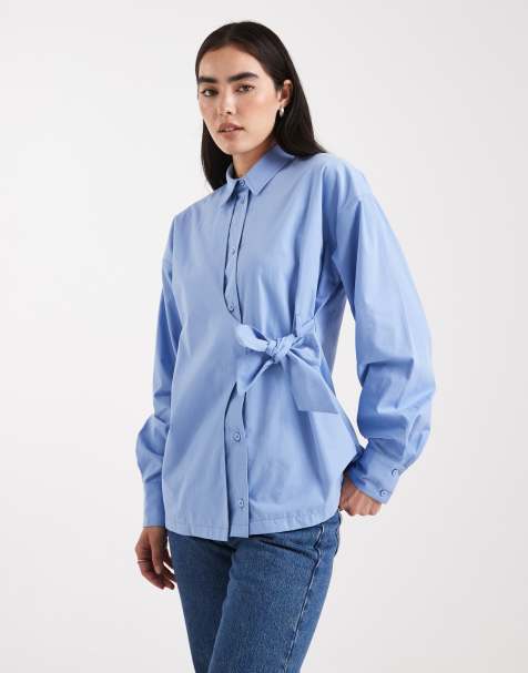 ASOS DESIGN cinch overwrap bow detail oversized shirt in blue - view 1