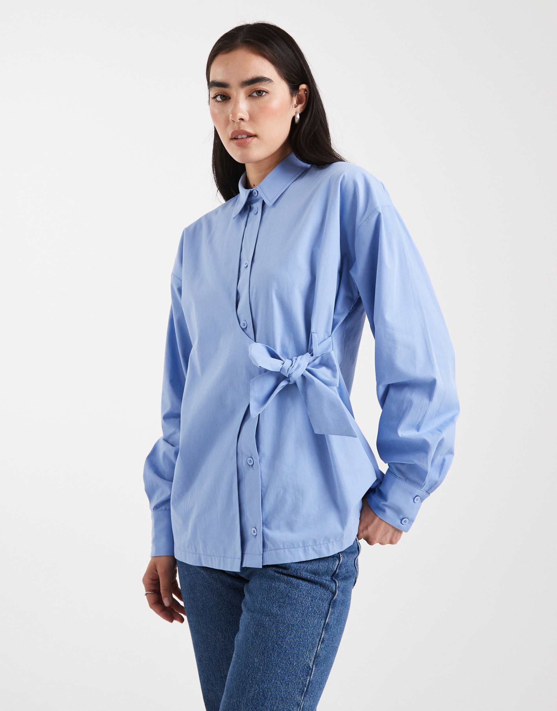 asos design cinch overwrap bow detail oversized shirt in blue