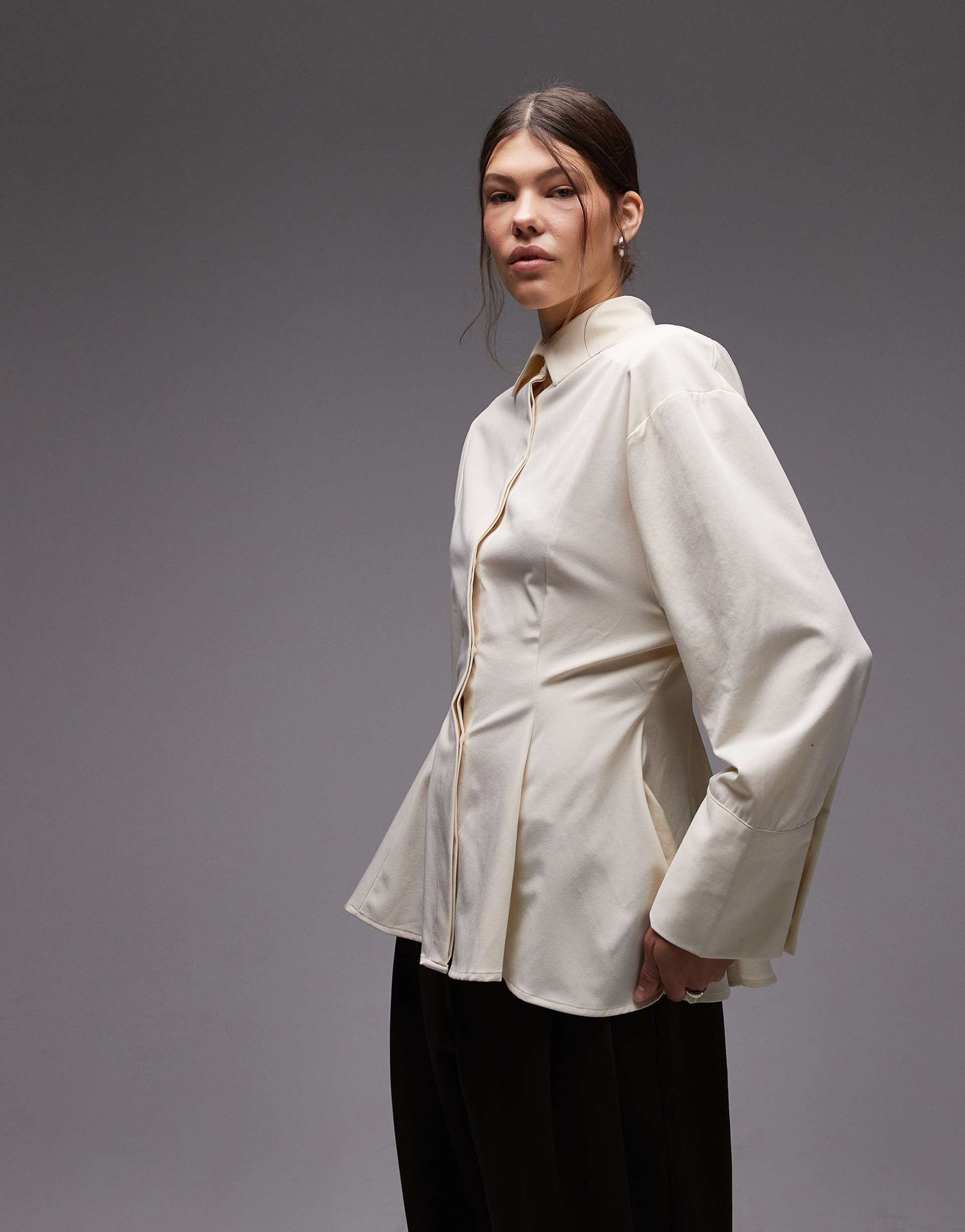 asos design cinch power shoulders tailored shirt in ecru