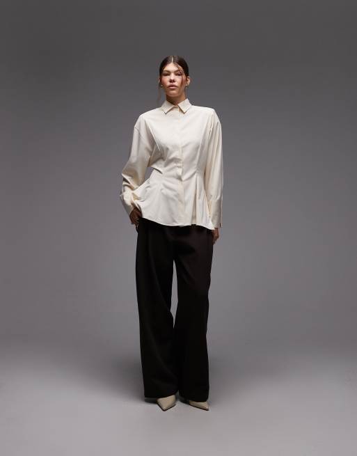 ASOS DESIGN cinch power shoulders tailored shirt in ecru