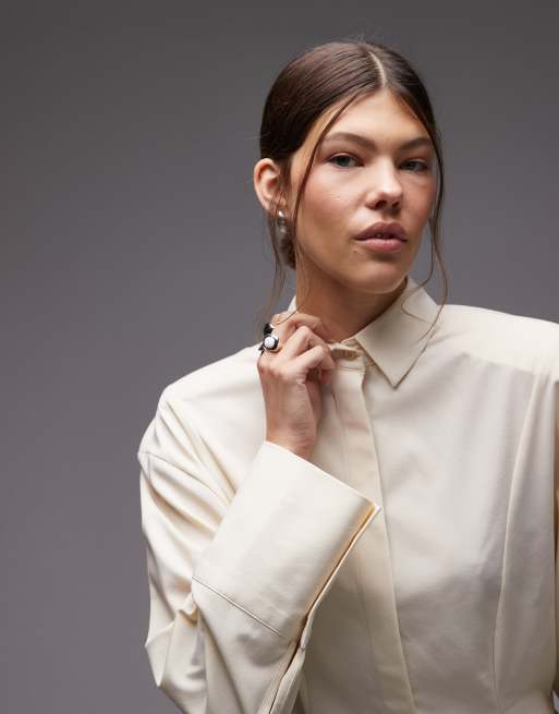 ASOS DESIGN cinch power shoulders tailored shirt in ecru