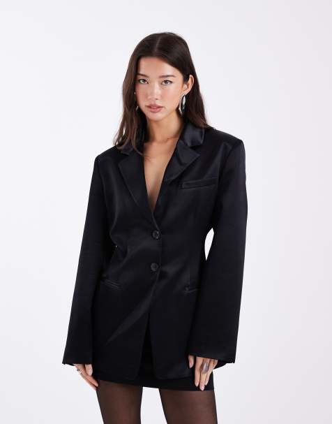 ASOS DESIGN cinch satin blazer in black - view 1