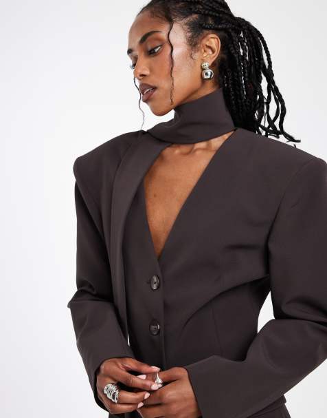 ASOS DESIGN cinch scarf detail fringe blazer in chocolate co ord - view 1