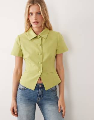 Asos Design Cinch Short Sleeve Collar Blazer In Green
