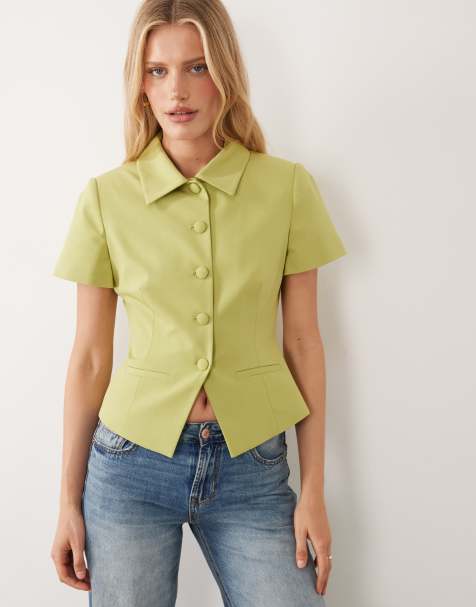 ASOS DESIGN cinch short sleeve collar blazer in green - view 1
