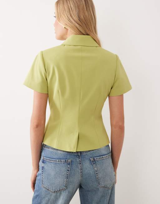ASOS DESIGN cinch short sleeve collar blazer in green, 4 of 4