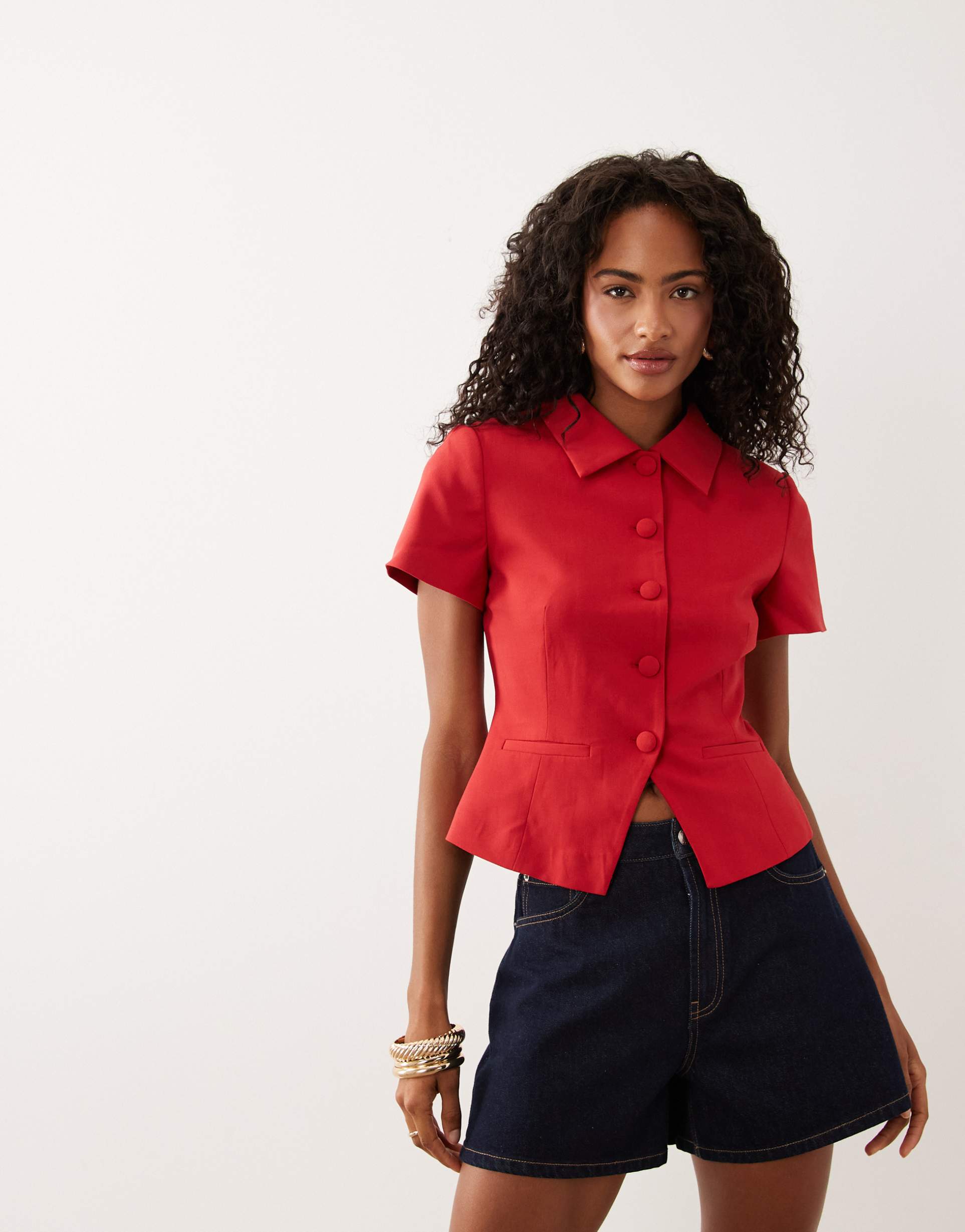 asos design cinch short sleeve collar blazer in red
