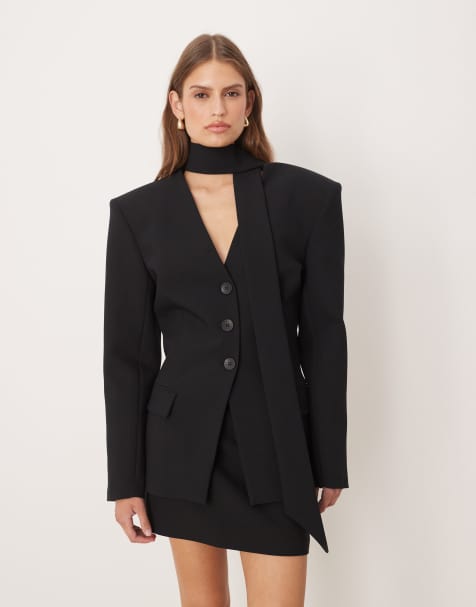 ASOS DESIGN cinch shoulder pad blazer with scarf co ord in black