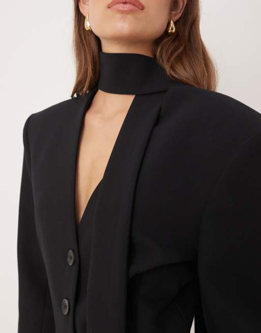 ASOS DESIGN cinch shoulder pad blazer with scarf in black (Part of a set), 2 of 4