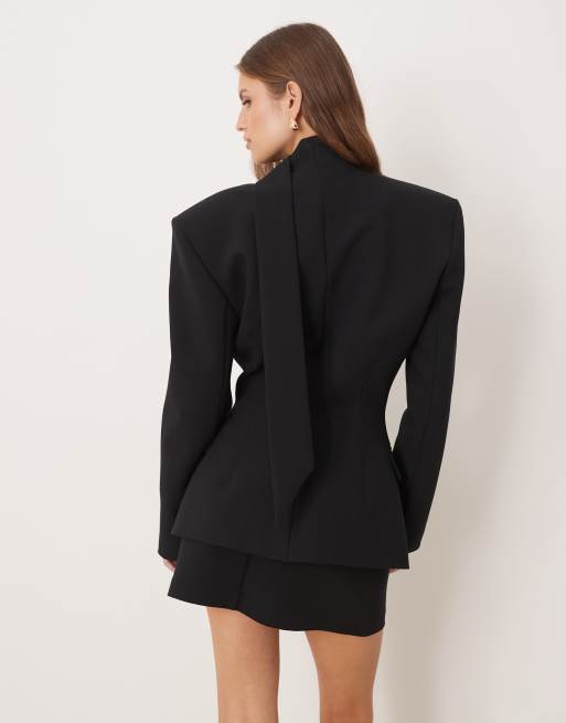 ASOS DESIGN cinch shoulder pad blazer with scarf in black (Part of a set), 4 of 4