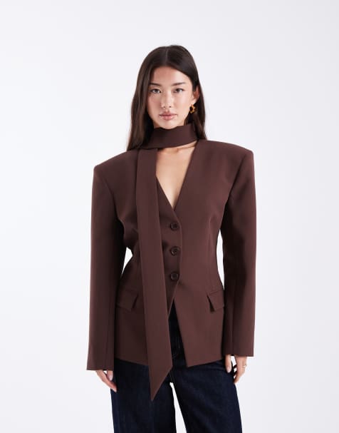ASOS DESIGN cinch shoulder pad blazer with scarf in chocolate brown