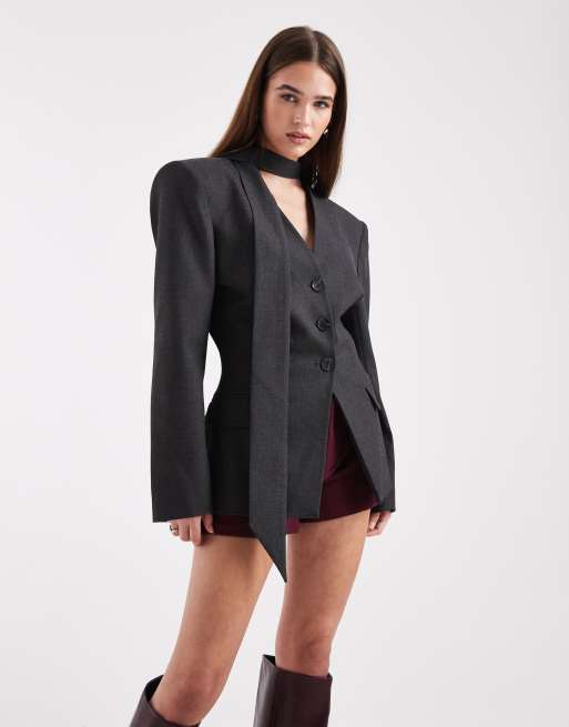 ASOS DESIGN cinch shoulder pad blazer with scarf in grey, 2 of 4