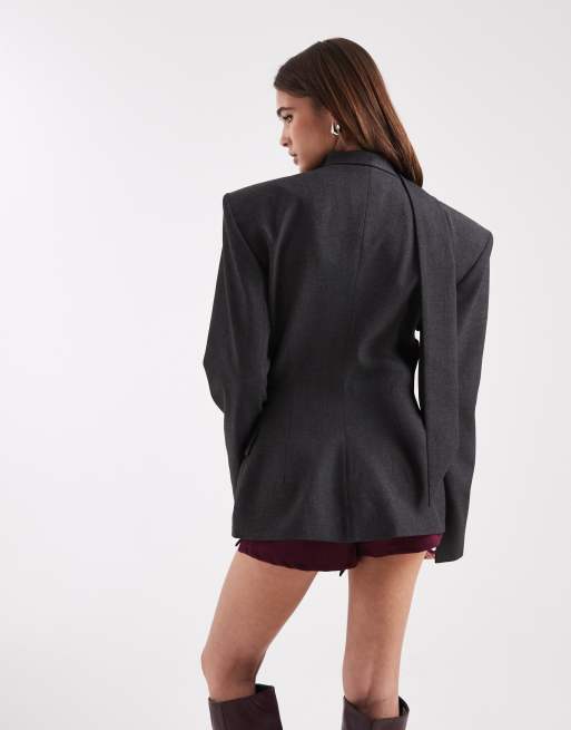 ASOS DESIGN cinch shoulder pad blazer with scarf in grey, 3 of 4