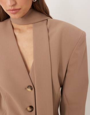 Asos Design Cinch Shoulder Pad Blazer With Scarf In Brown