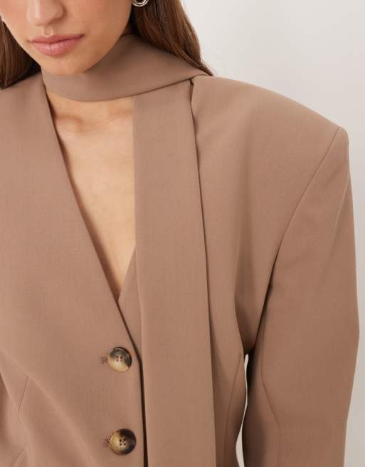 ASOS DESIGN cinch shoulder pad blazer with scarf co ord in mocha